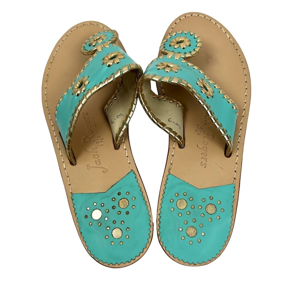 Jack Rogers Nantucket Gold Sandals 6 Caribbean Blue - Picture 2 of 9